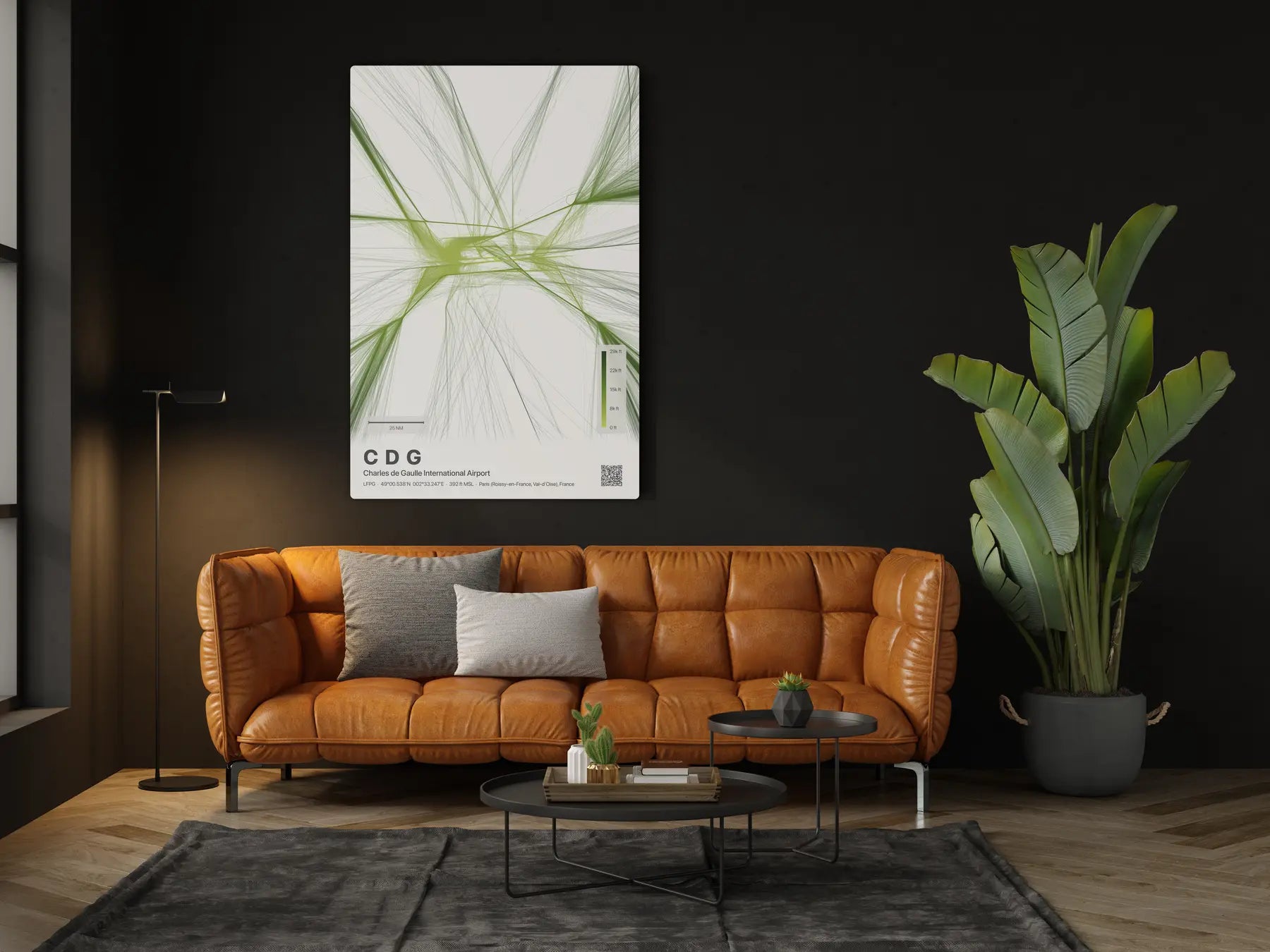 CDG flight path print — Citrus theme · Light in living-room setting [hotspot:46]
