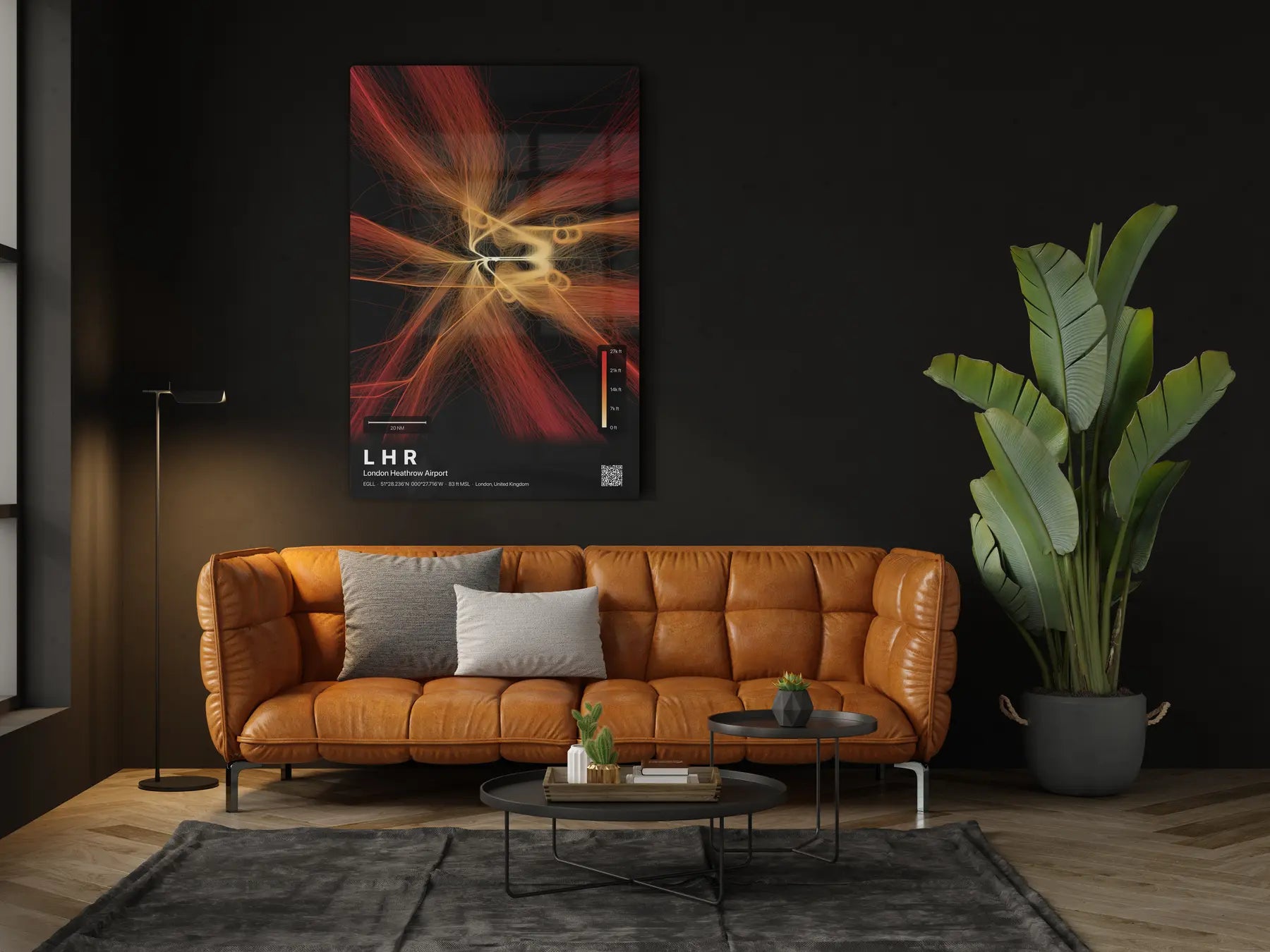 LHR flight path print — Inferno theme · Dark in living-room setting [hotspot:46]