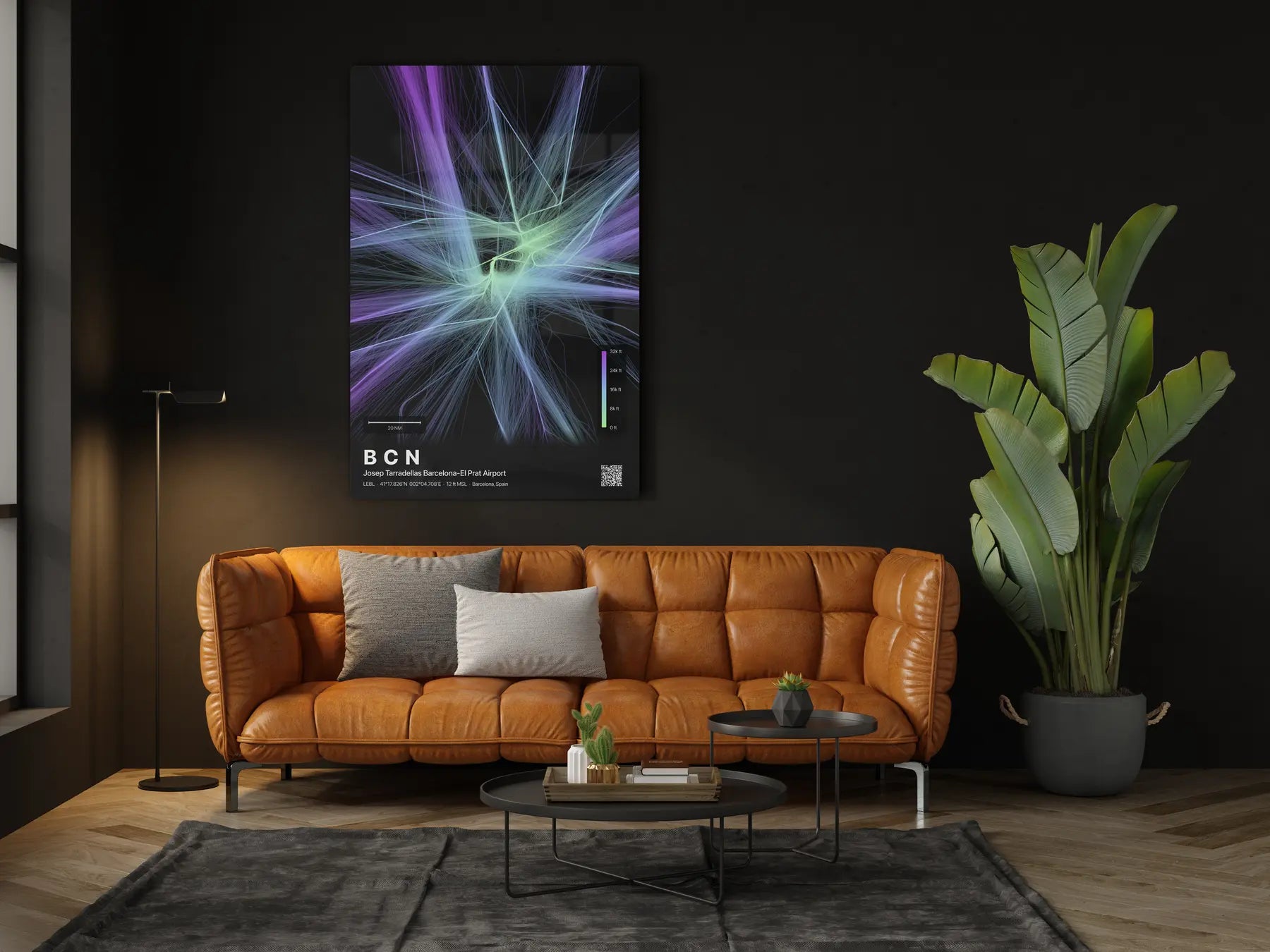 BCN flight path print — Prism theme · Dark in living-room setting [hotspot:46]