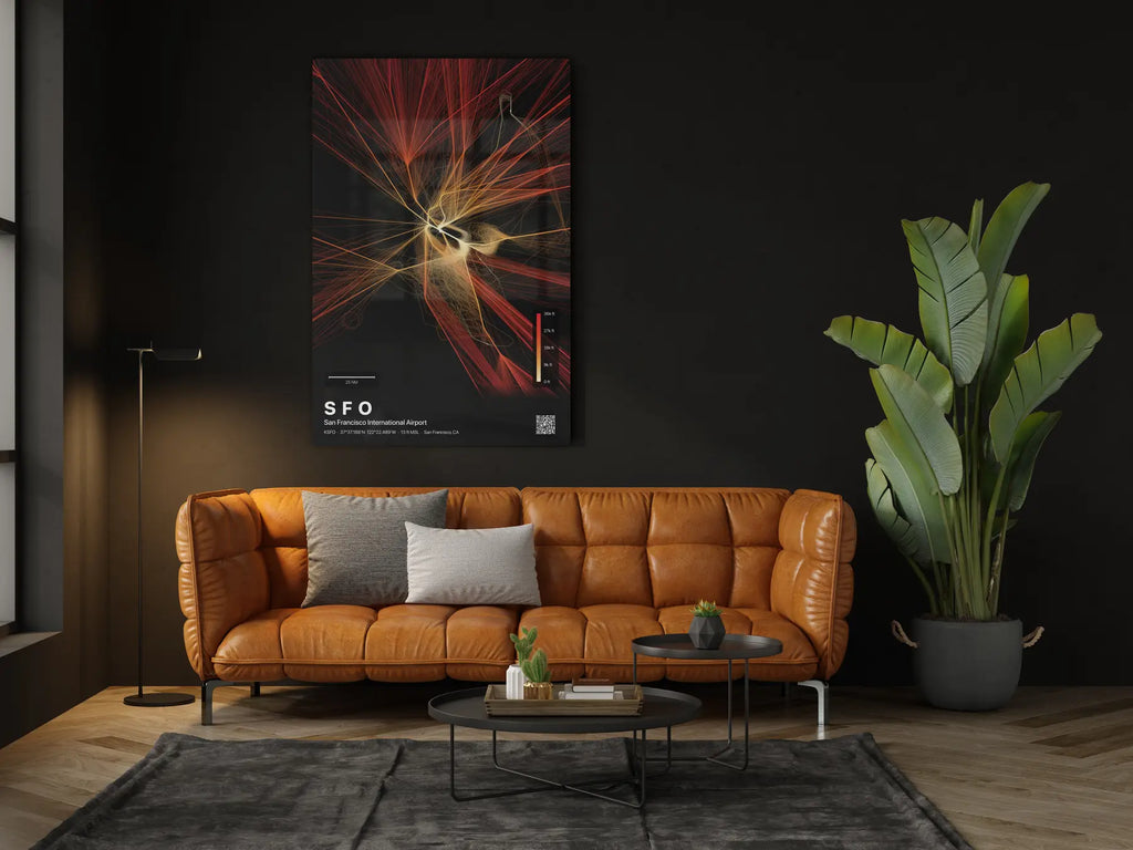SFO flight path print — Inferno theme · Dark in living-room setting [hotspot:46]