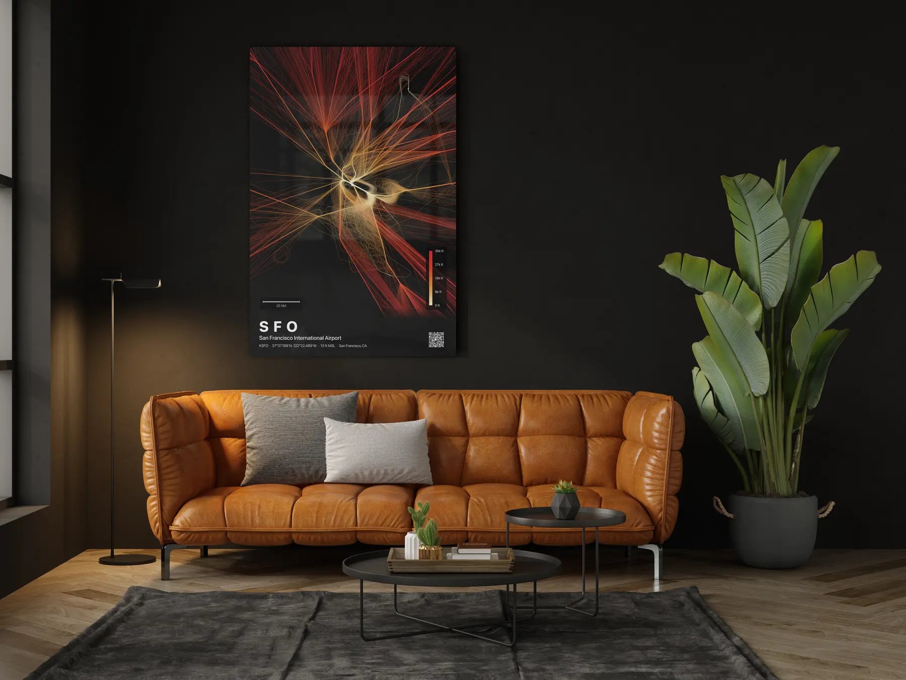SFO flight path print — Inferno theme · Dark in living-room setting [hotspot:46]