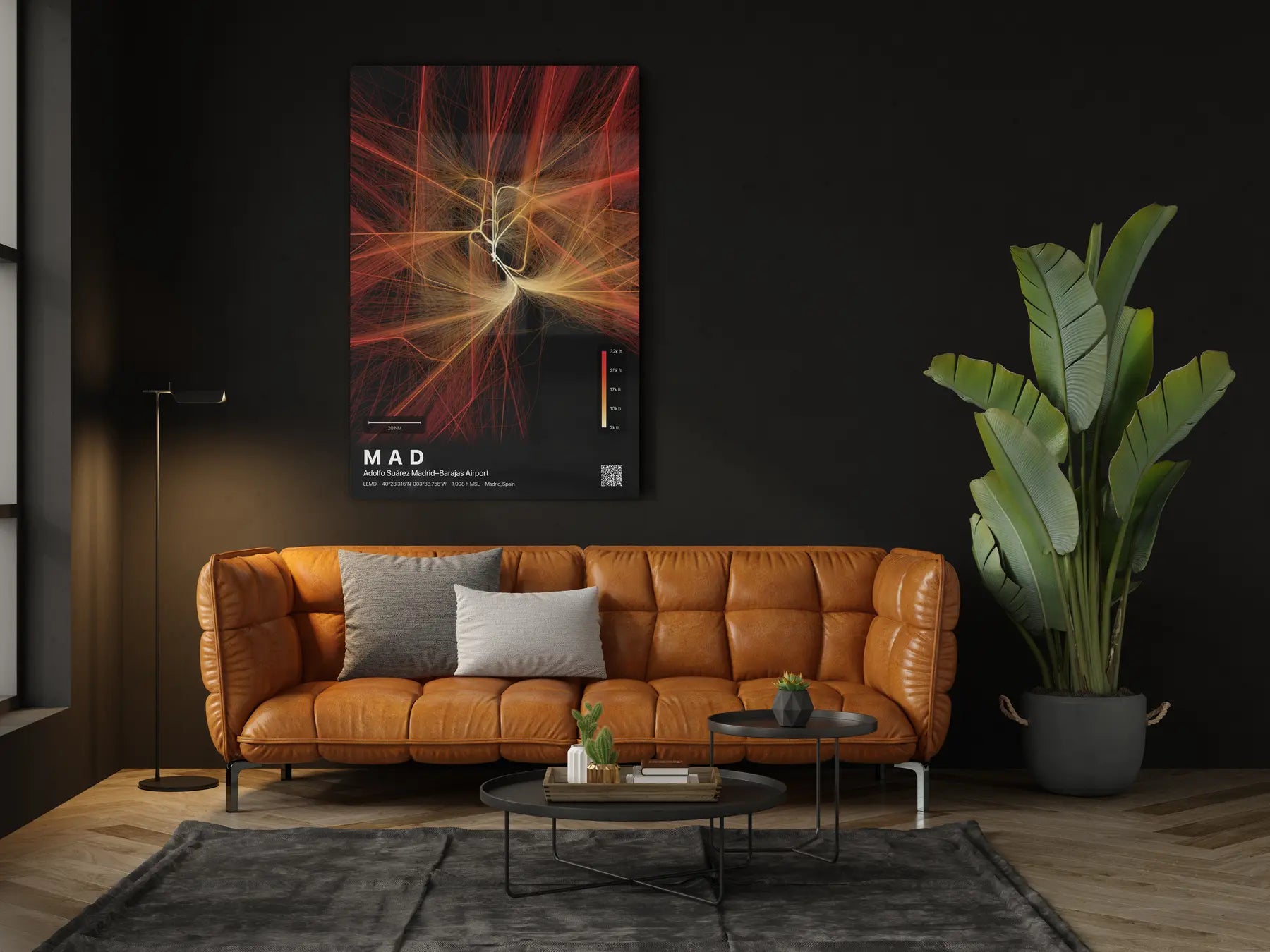 MAD flight path print — Inferno theme · Dark in living-room setting [hotspot:46]