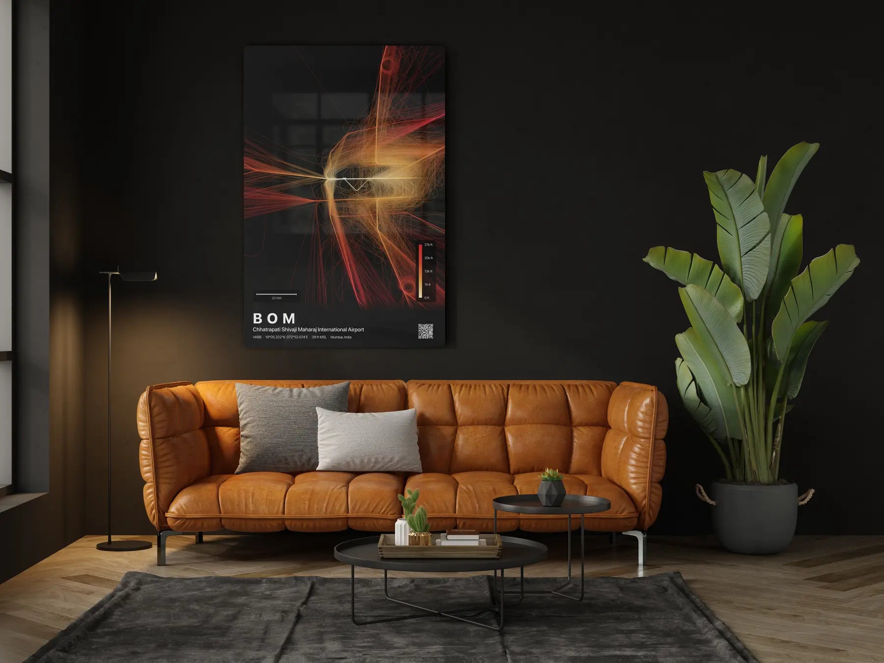 BOM flight path print — Inferno theme · Dark in living-room setting [hotspot:46]