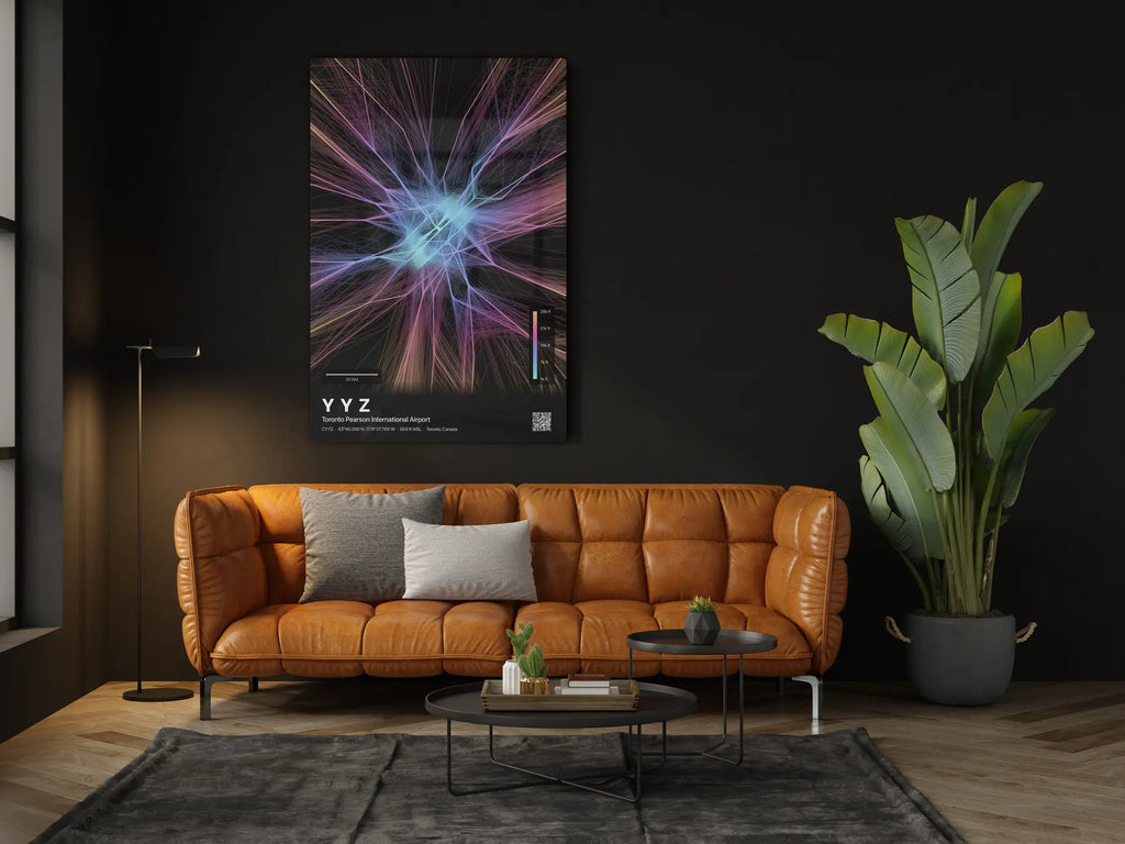YYZ flight path print — Aurora theme · Dark in living-room setting [hotspot:46]