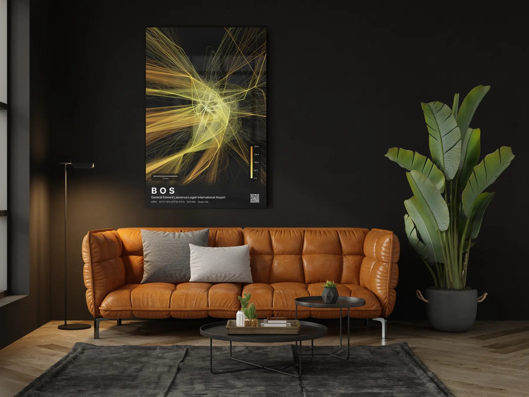 BOS flight path print — Solana theme · Dark in living-room setting [hotspot:46]