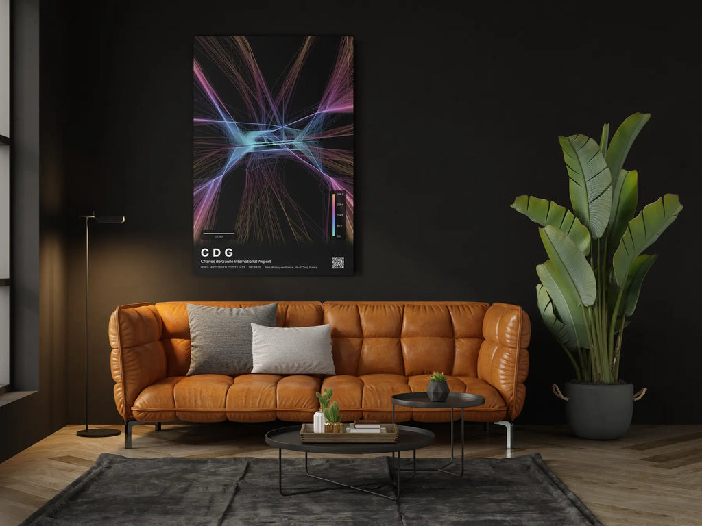 CDG flight path print — Aurora theme · Dark in living-room setting [hotspot:46]