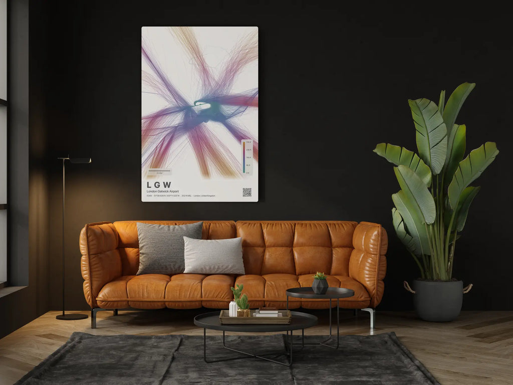 LGW flight path print — Aurora theme · Light in living-room setting [hotspot:46]