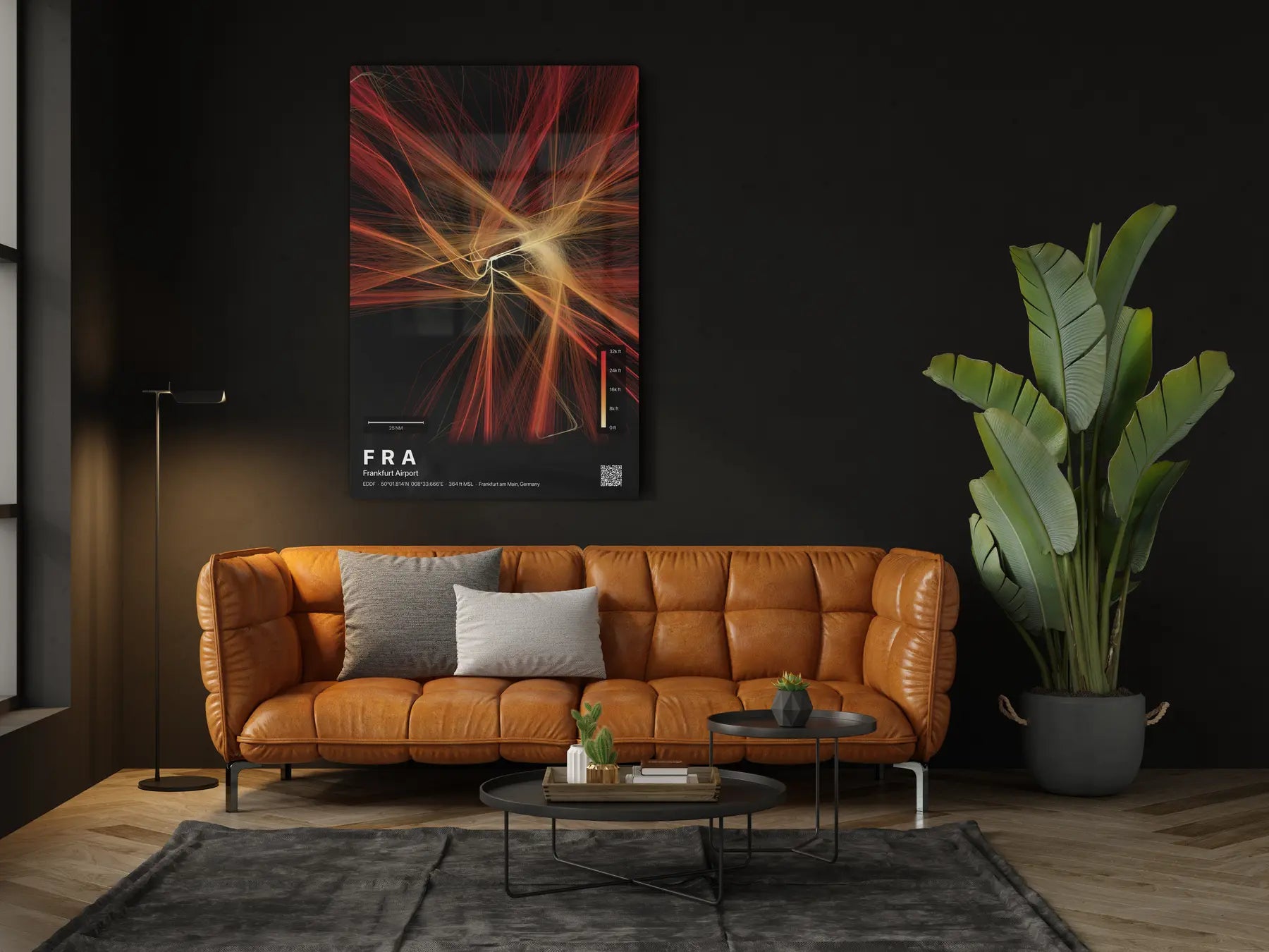 FRA flight path print — Inferno theme · Dark in living-room setting [hotspot:46]
