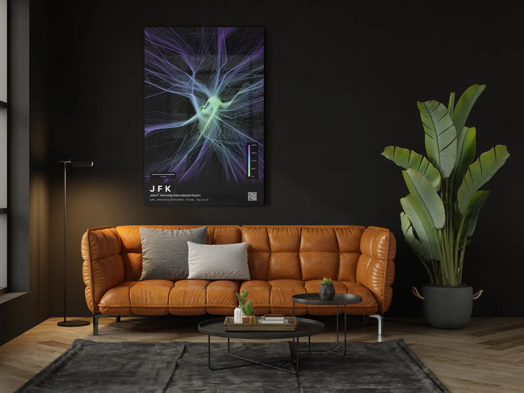 JFK flight path print — Prism theme · Dark in living-room setting [hotspot:46]