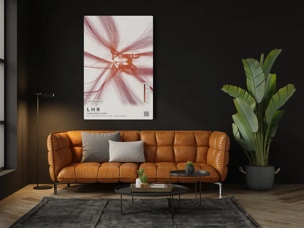 LHR flight path print — Inferno theme · Light in living-room setting [hotspot:46]