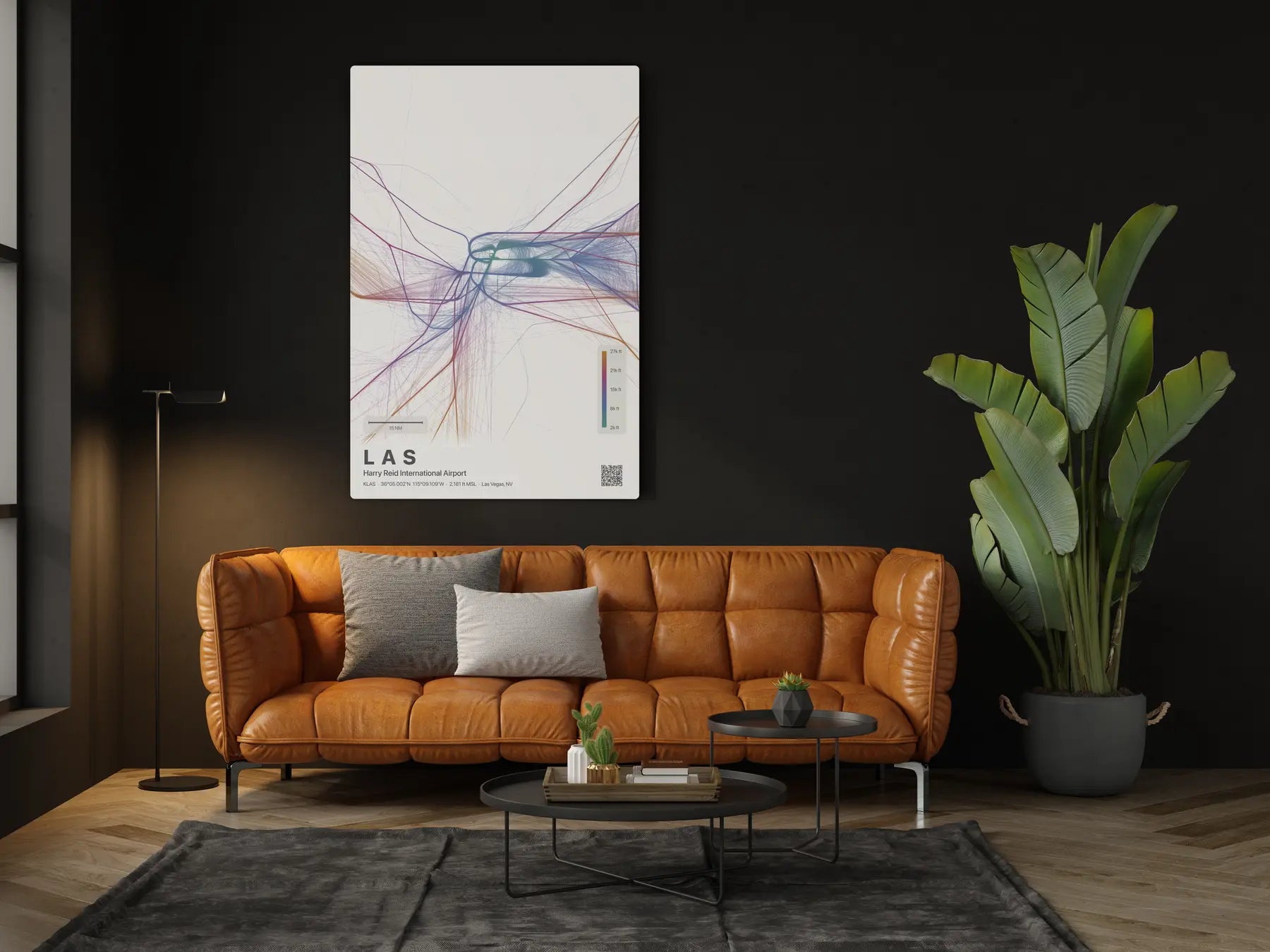 LAS flight path print — Aurora theme · Light in living-room setting [hotspot:46]
