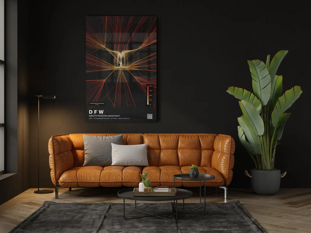 DFW flight path print — Inferno theme · Dark in living-room setting [hotspot:46]