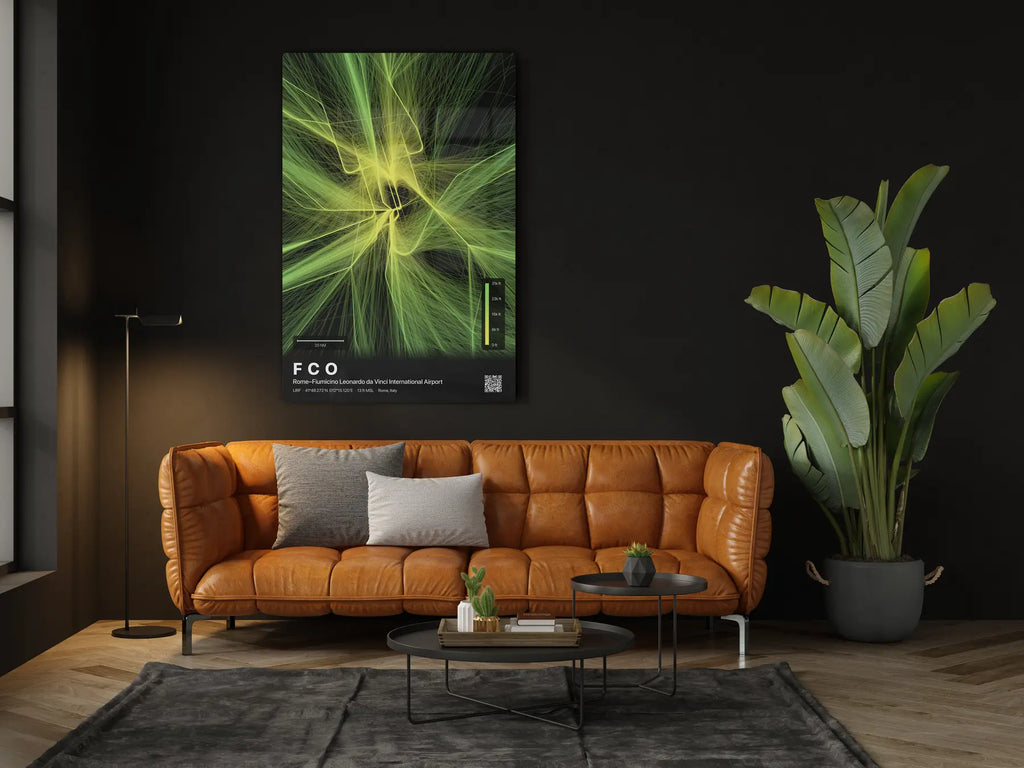 FCO flight path print — Citrus theme · Dark in living-room setting [hotspot:46]