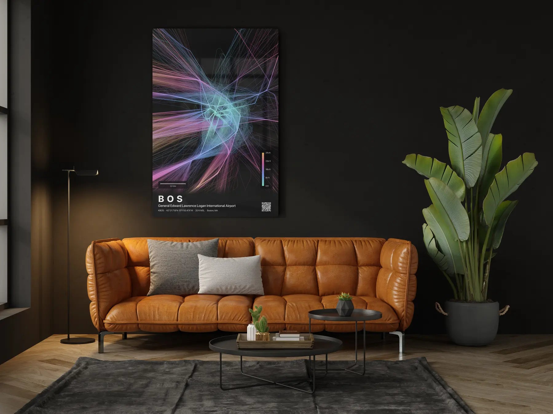 BOS flight path print — Aurora theme · Dark in living-room setting [hotspot:46]