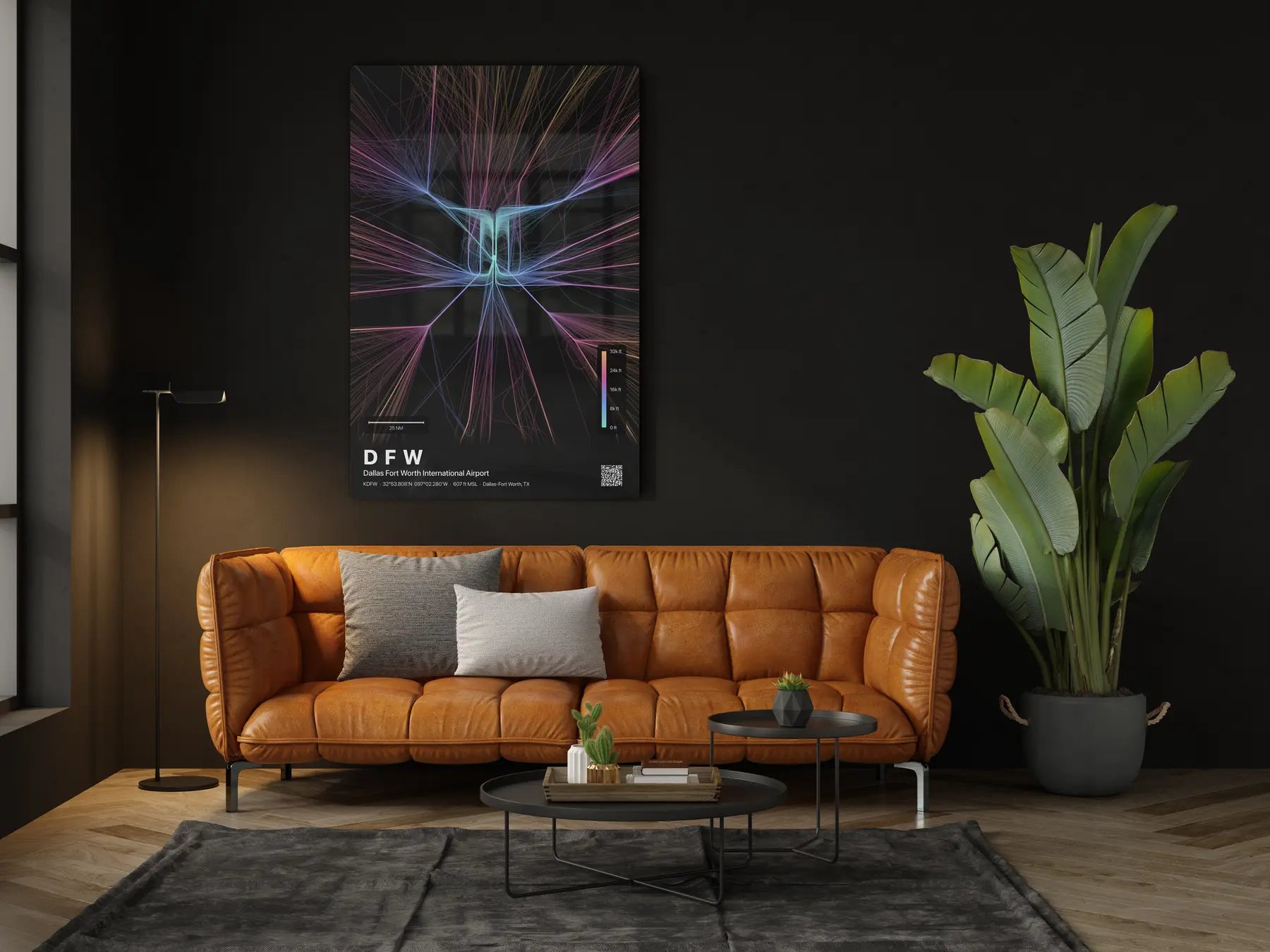 DFW flight path print — Aurora theme · Dark in living-room setting [hotspot:46]