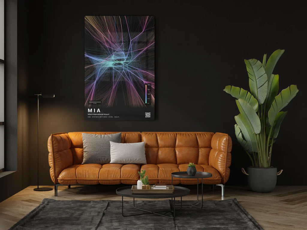 MIA flight path print — Aurora theme · Dark in living-room setting [hotspot:46]
