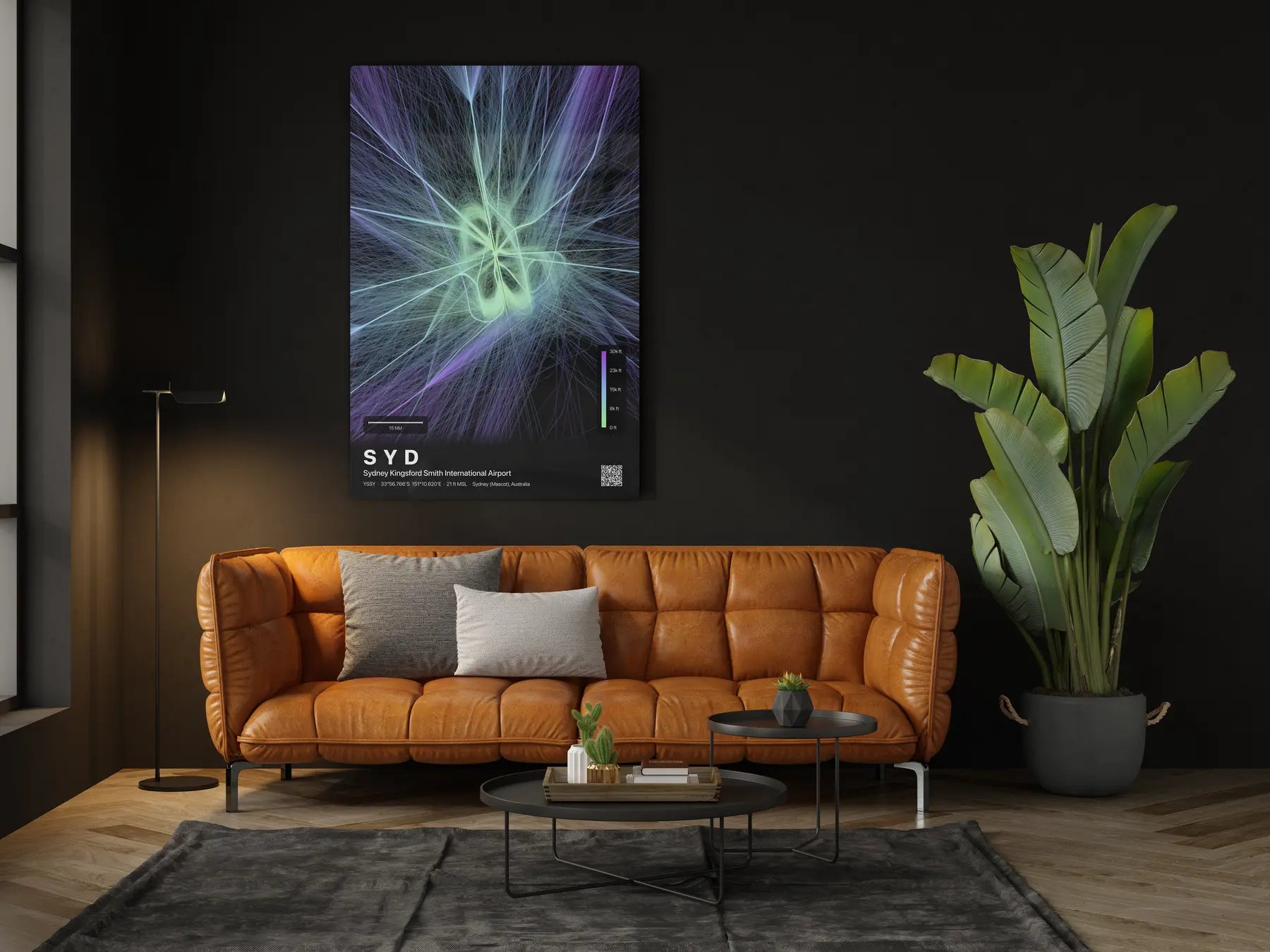 SYD flight path print — Prism theme · Dark in living-room setting [hotspot:46]