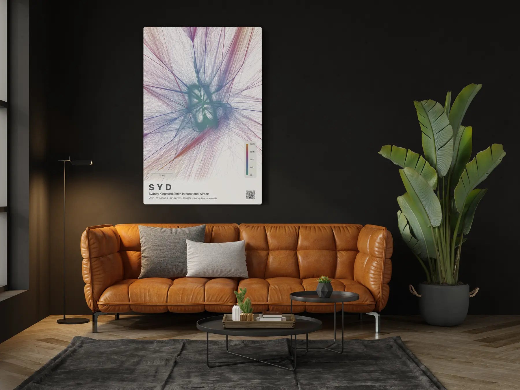 SYD flight path print — Aurora theme · Light in living-room setting [hotspot:46]