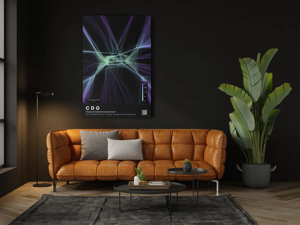 CDG flight path print — Prism theme · Dark in living-room setting [hotspot:46]
