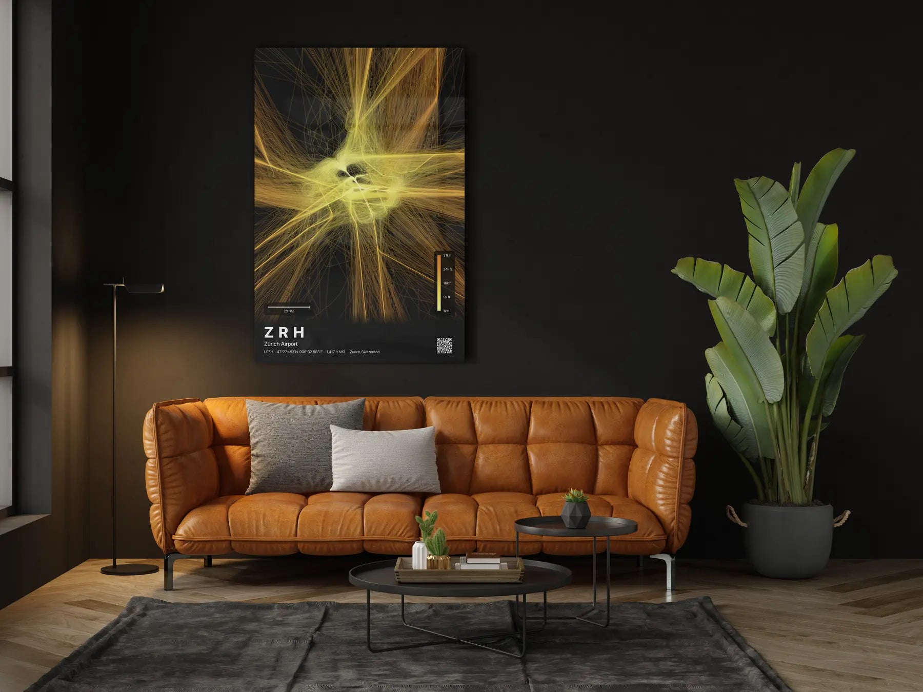 ZRH flight path print — Solana theme · Dark in living-room setting [hotspot:46]