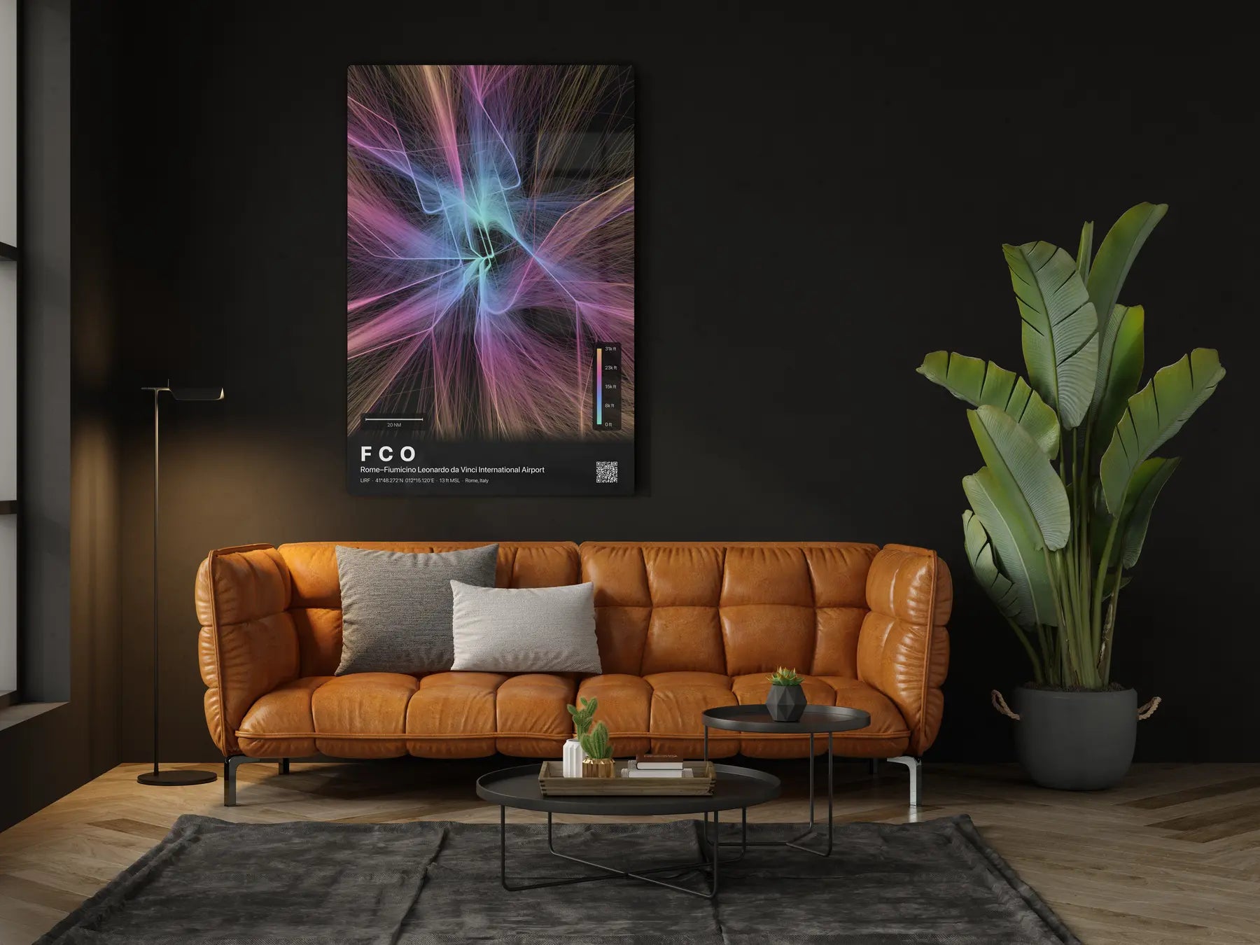 FCO flight path print — Aurora theme · Dark in living-room setting [hotspot:46]