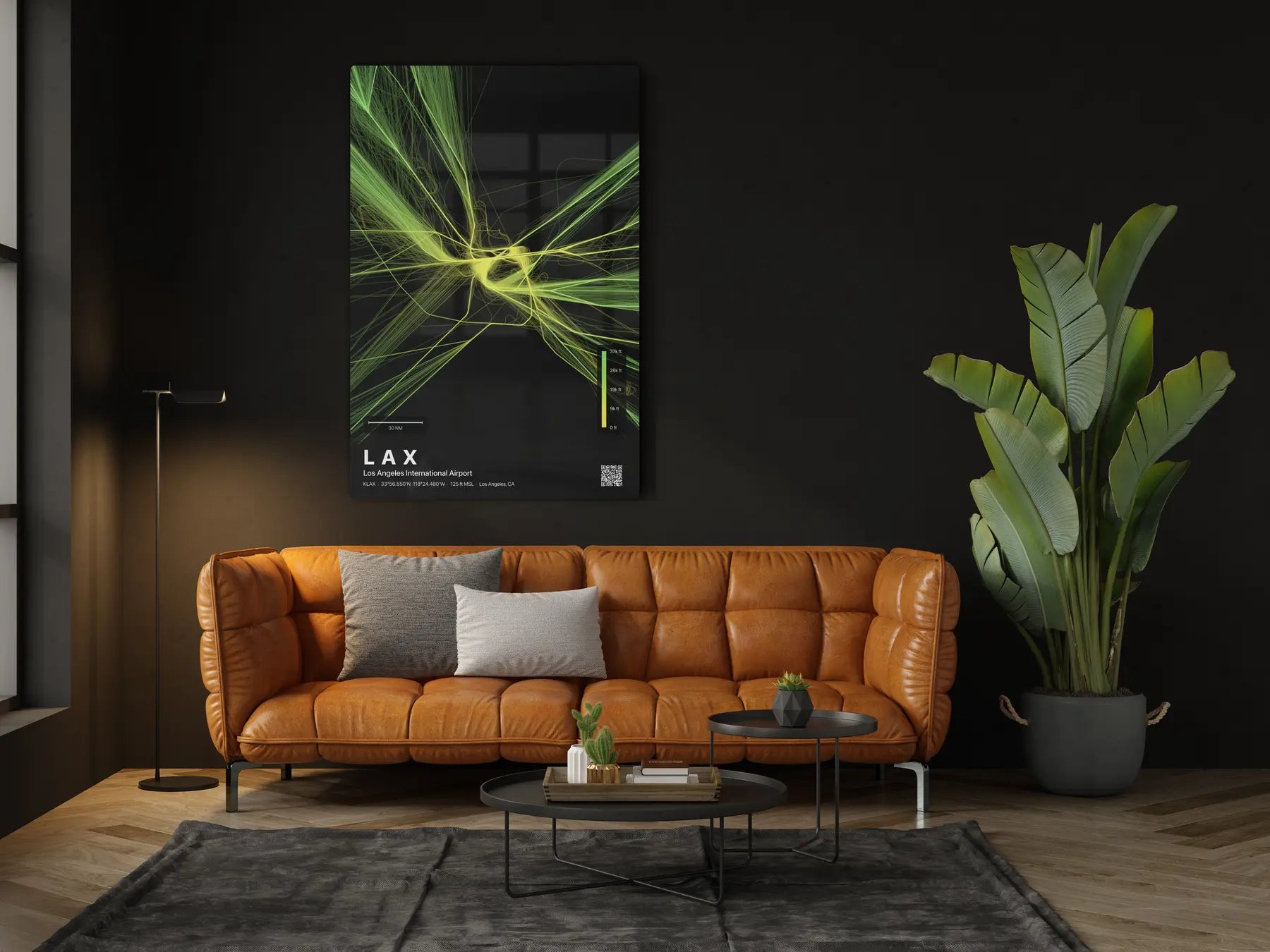 LAX flight path print — Citrus theme · Dark in living-room setting [hotspot:46]