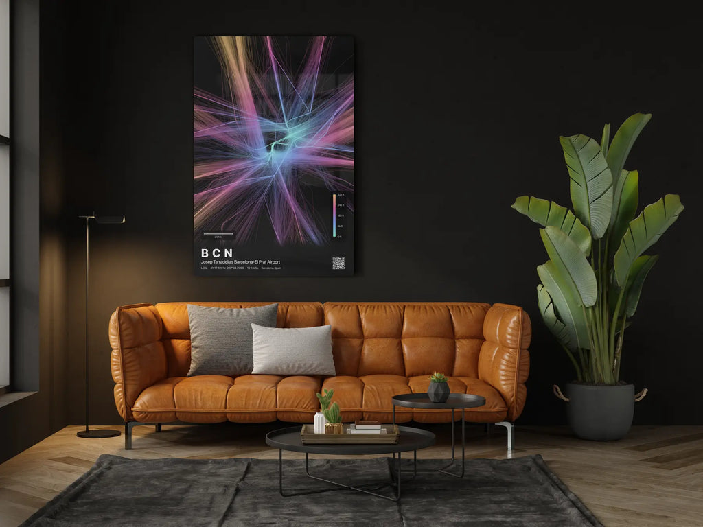 BCN flight path print — Aurora theme · Dark in living-room setting [hotspot:46]