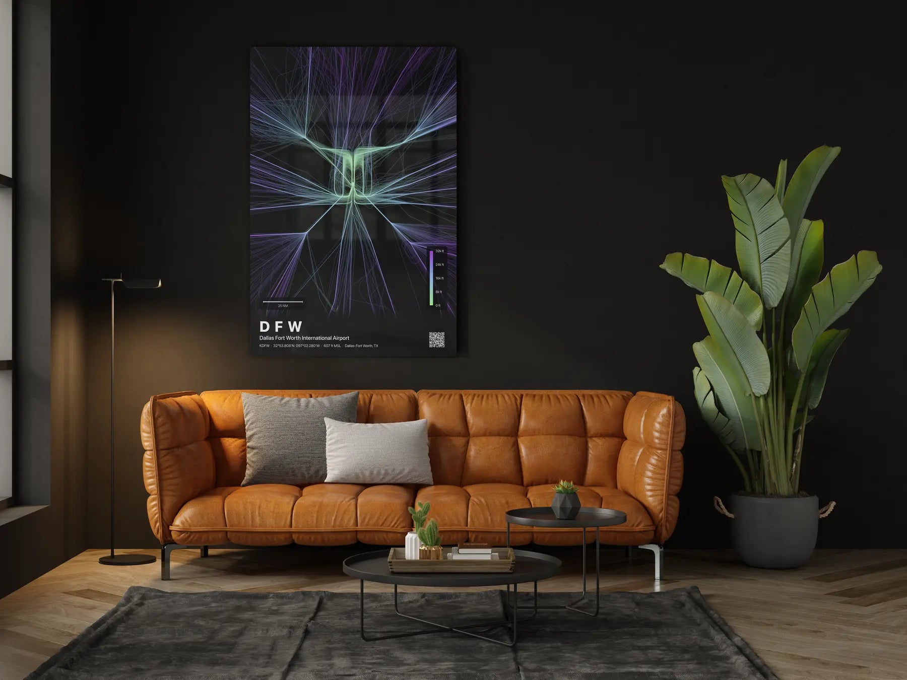 DFW flight path print — Prism theme · Dark in living-room setting [hotspot:46]