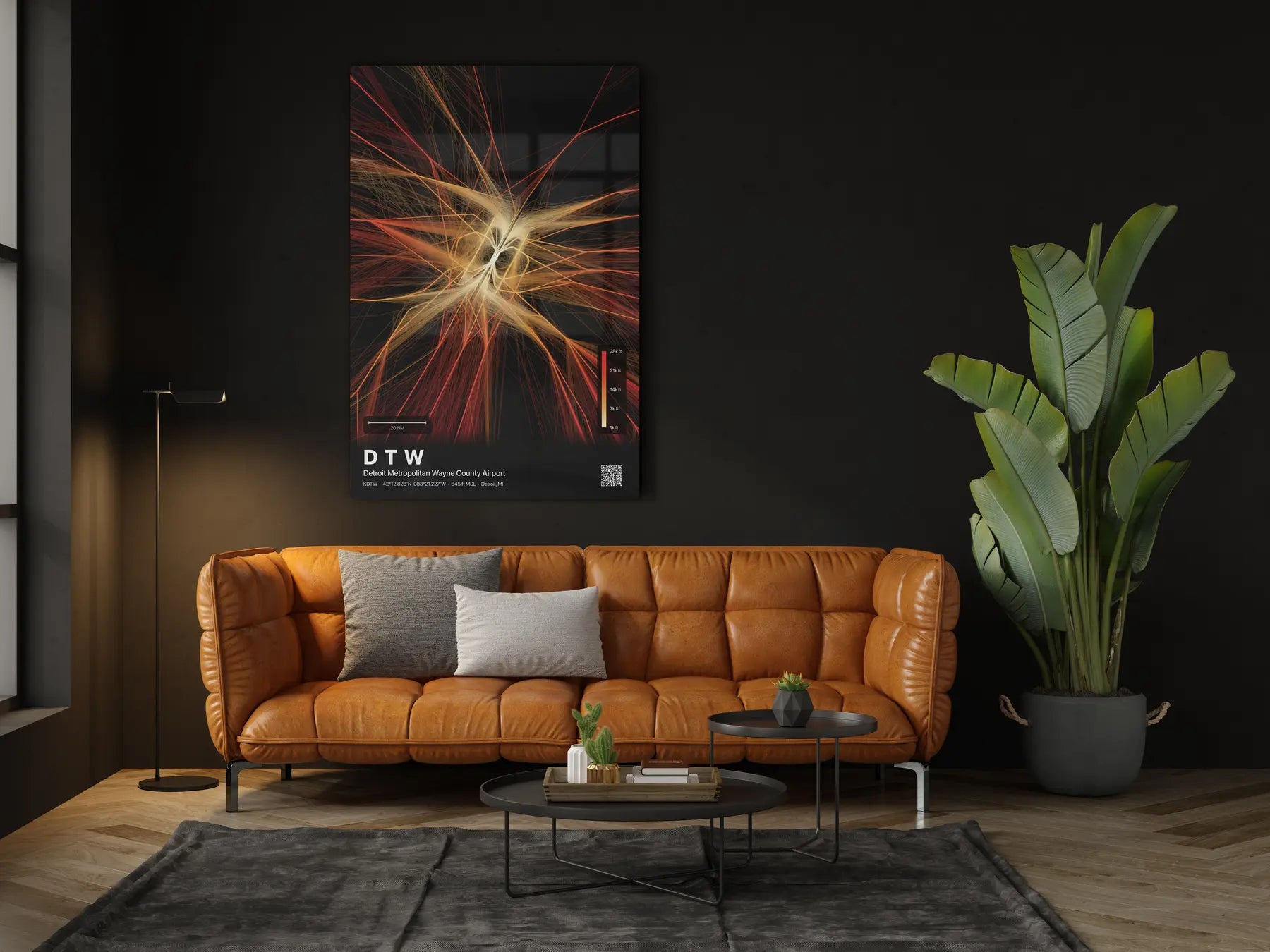 DTW flight path print — Inferno theme · Dark in living-room setting [hotspot:46]