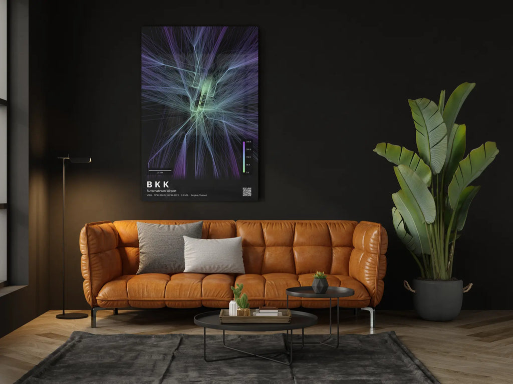 BKK flight path print — Prism theme · Dark in living-room setting [hotspot:46]