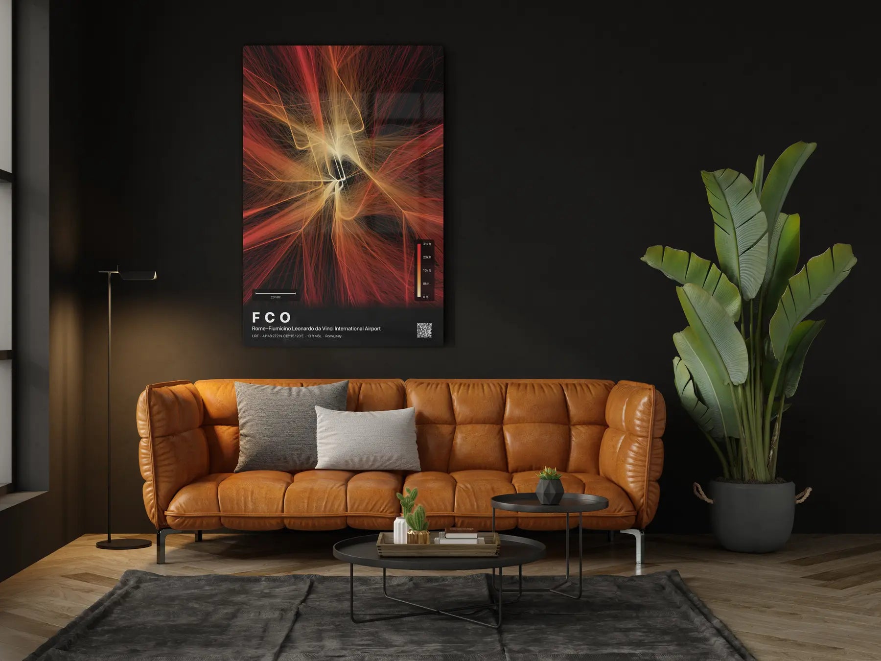 FCO flight path print — Inferno theme · Dark in living-room setting [hotspot:46]