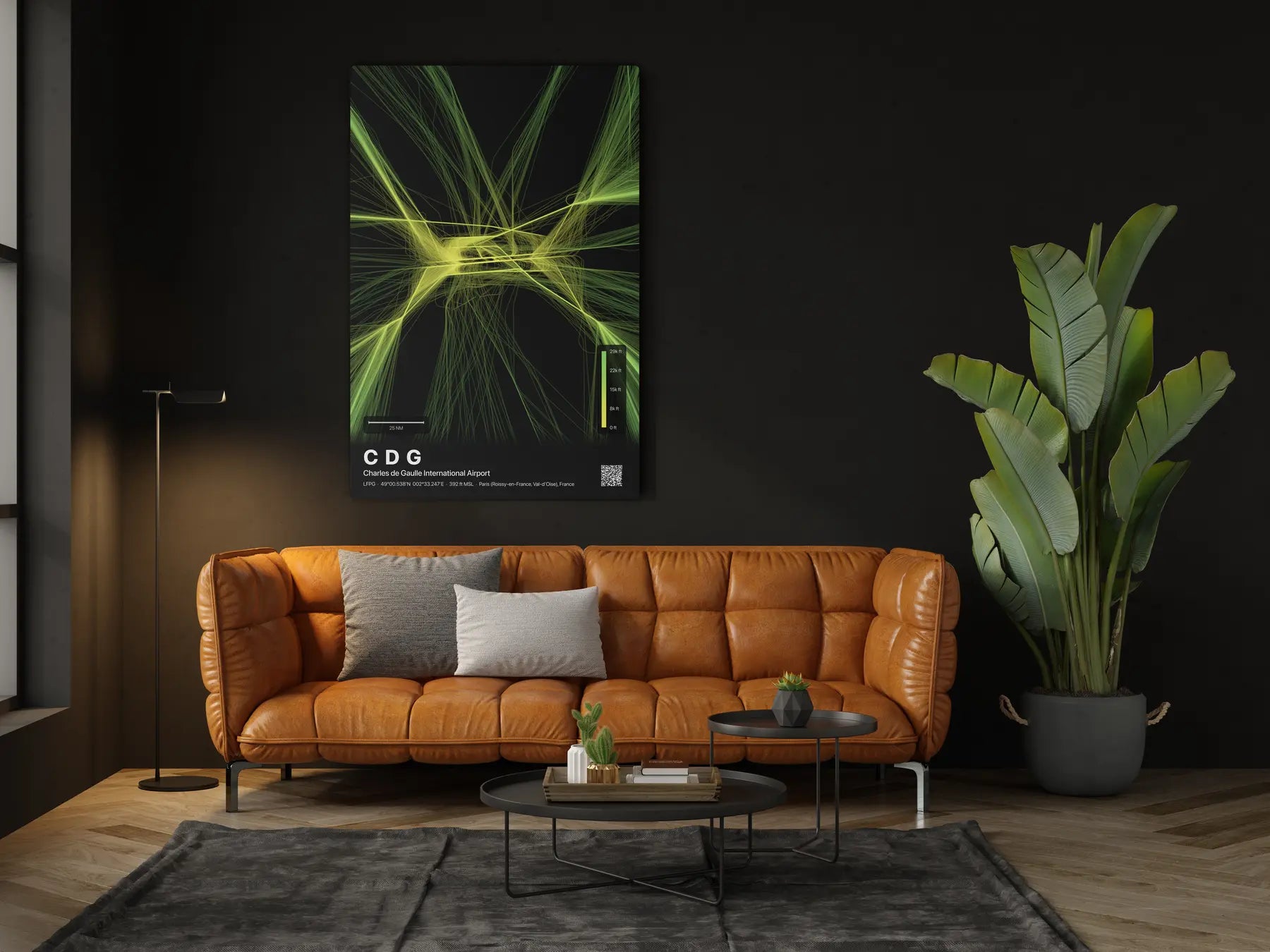 CDG flight path print — Citrus theme · Dark in living-room setting [hotspot:46]