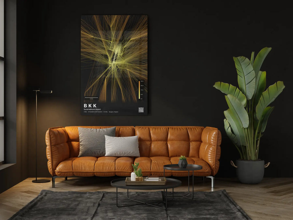 BKK flight path print — Solana theme · Dark in living-room setting [hotspot:46]