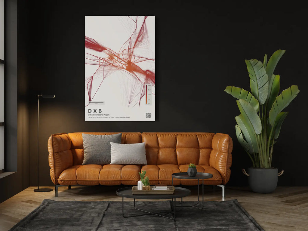 DXB flight path print — Inferno theme · Light in living-room setting [hotspot:46]