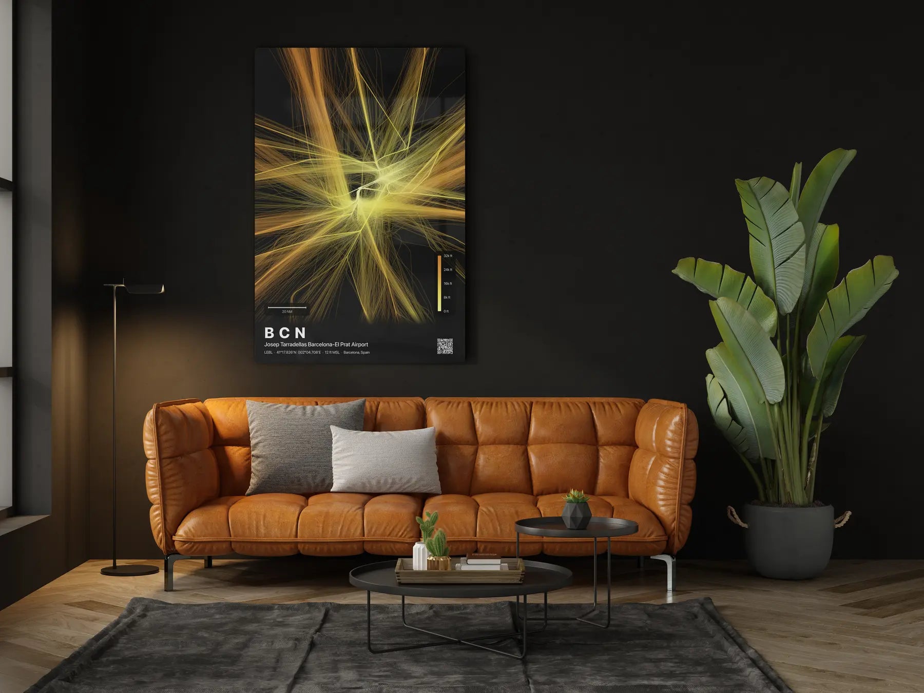 BCN flight path print — Solana theme · Dark in living-room setting [hotspot:46]