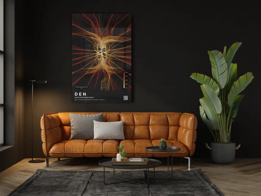 DEN flight path print — Inferno theme · Dark in living-room setting [hotspot:46]