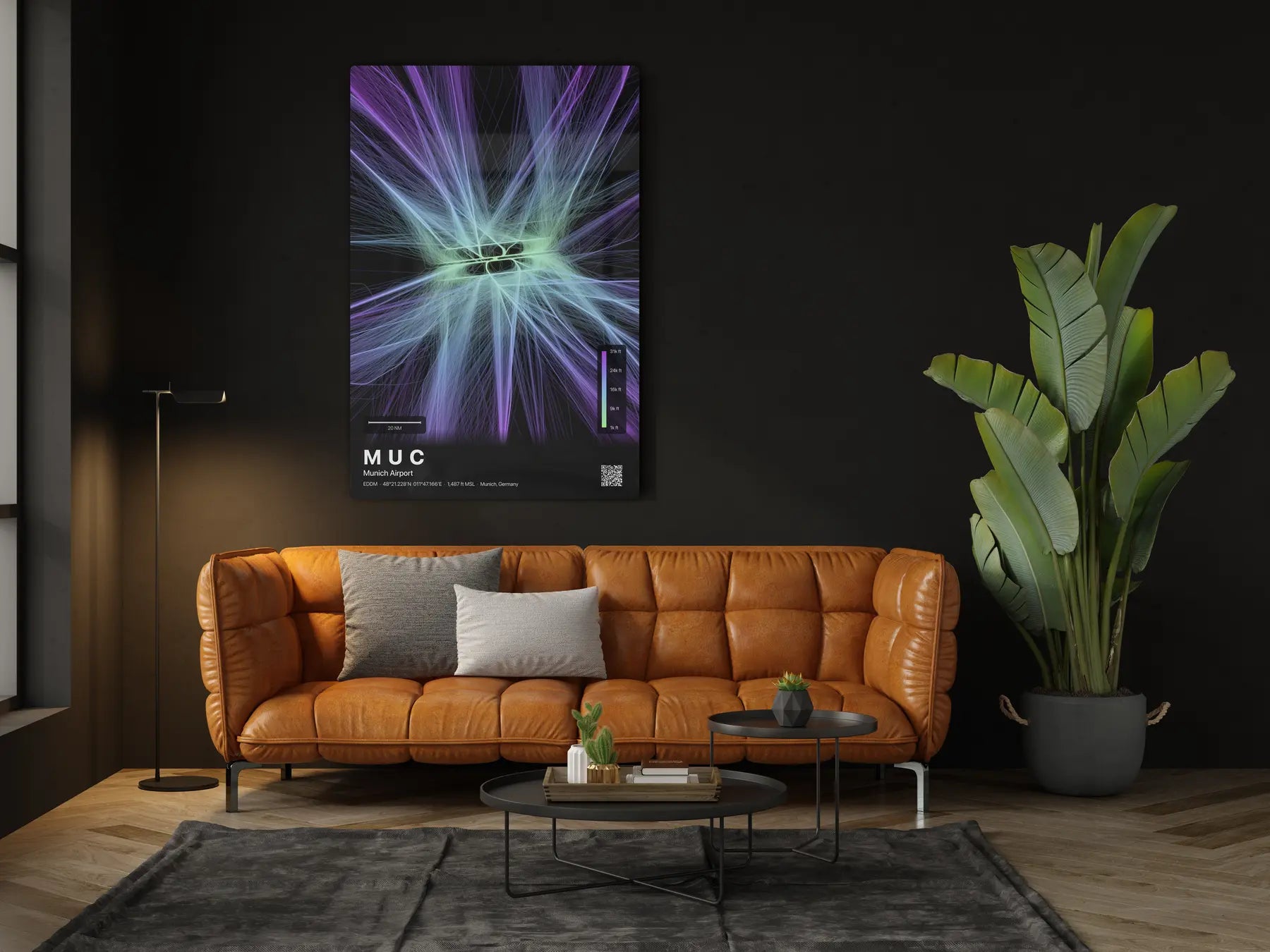 MUC flight path print — Prism theme · Dark in living-room setting [hotspot:46]