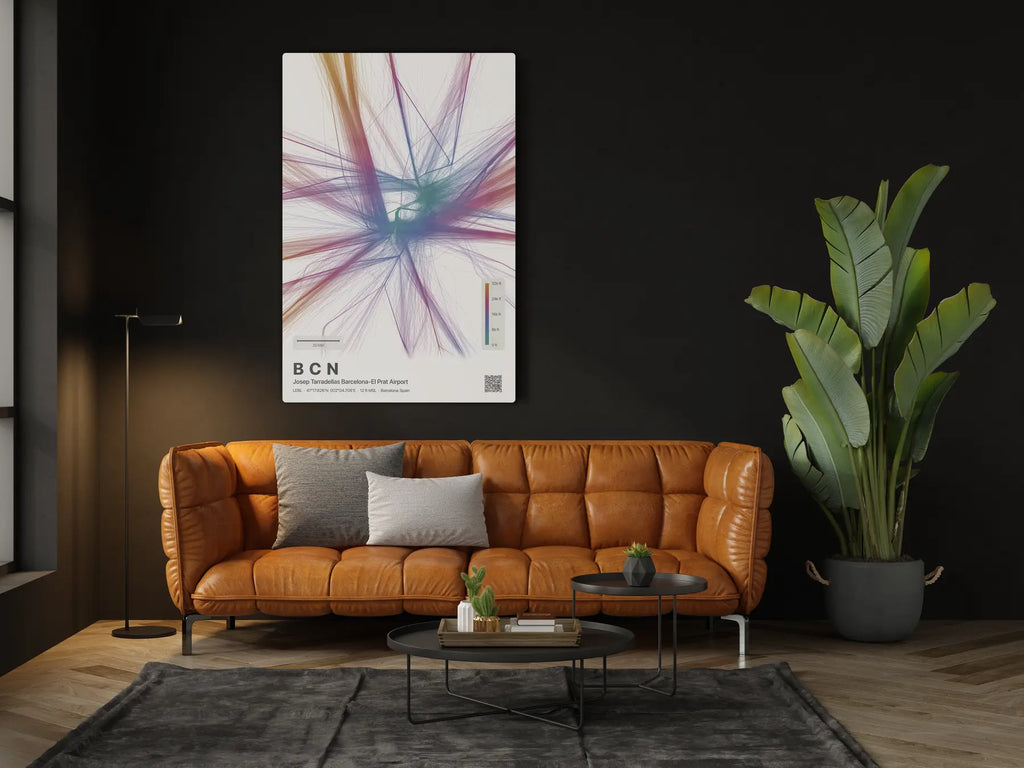 BCN flight path print — Aurora theme · Light in living-room setting [hotspot:46]
