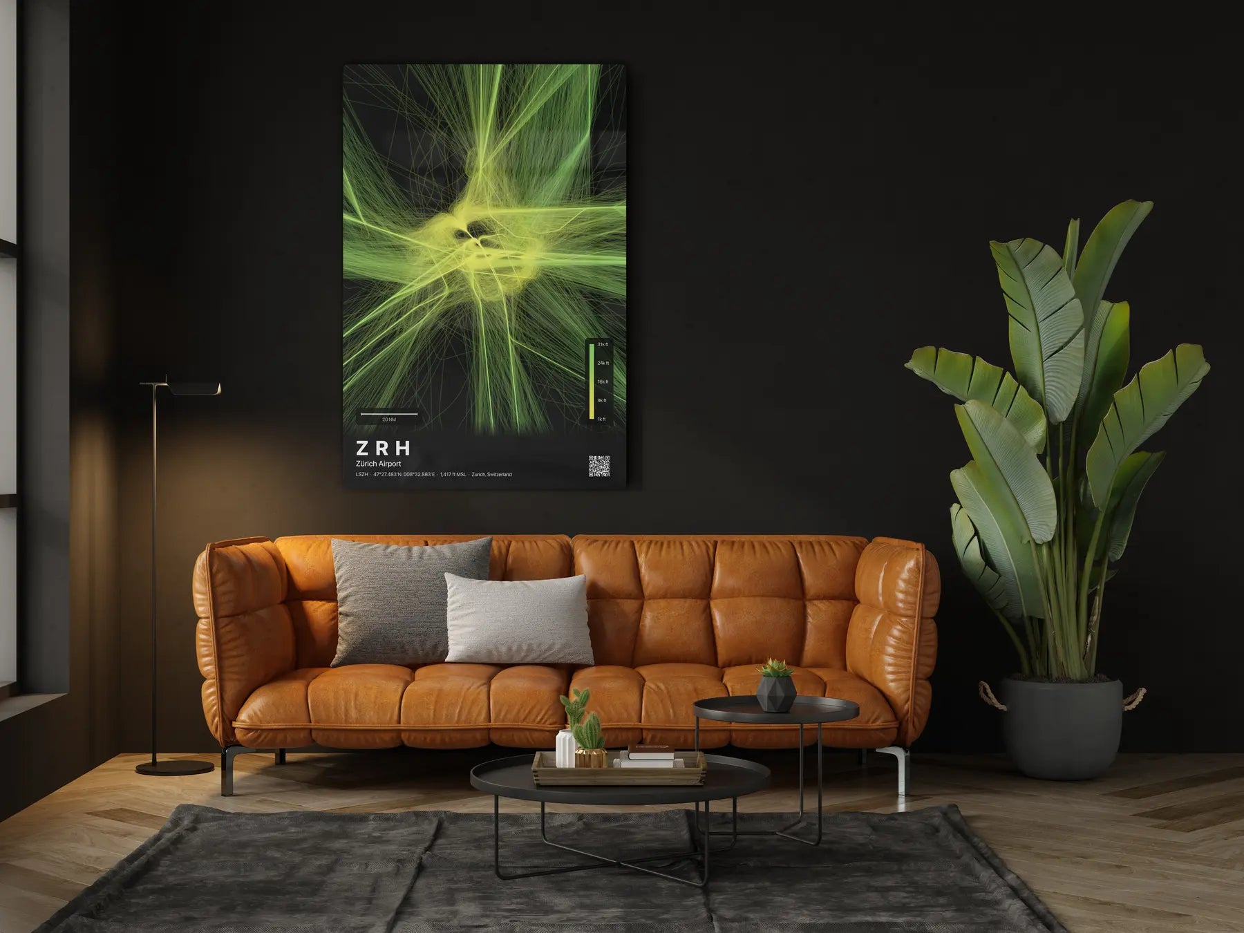 ZRH flight path print — Citrus theme · Dark in living-room setting [hotspot:46]