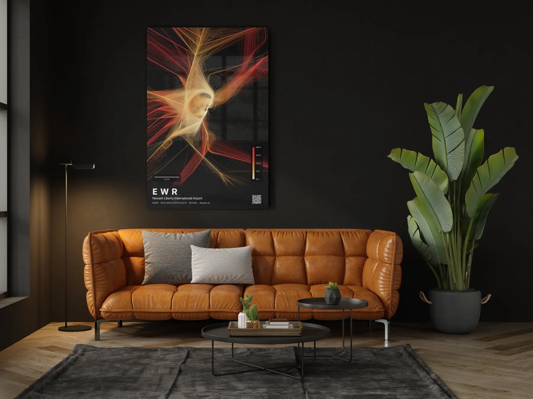EWR flight path print — Inferno theme · Dark in living-room setting [hotspot:46]