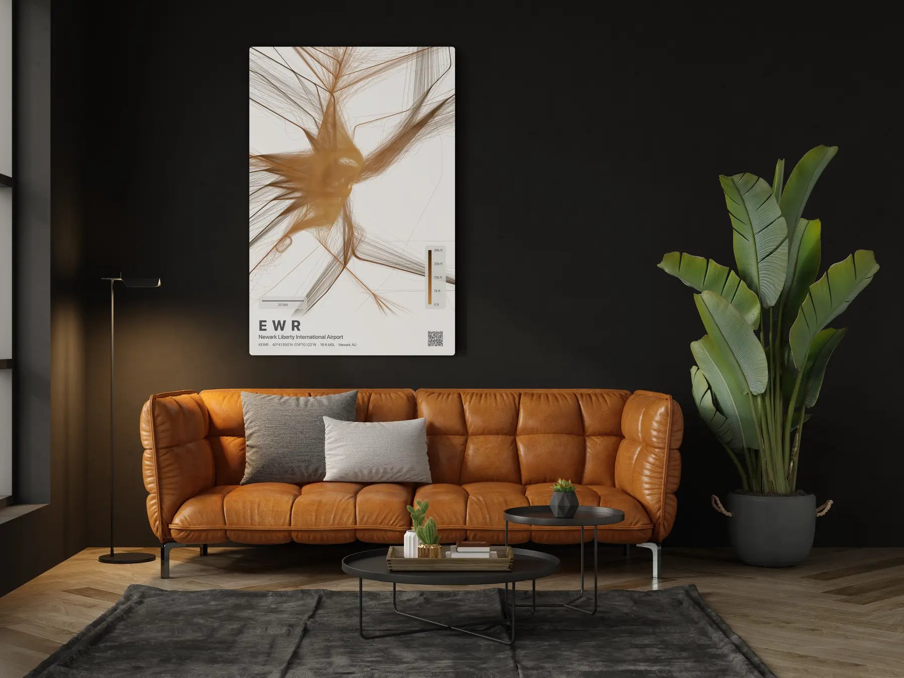 EWR flight path print — Solana theme · Light in living-room setting [hotspot:46]