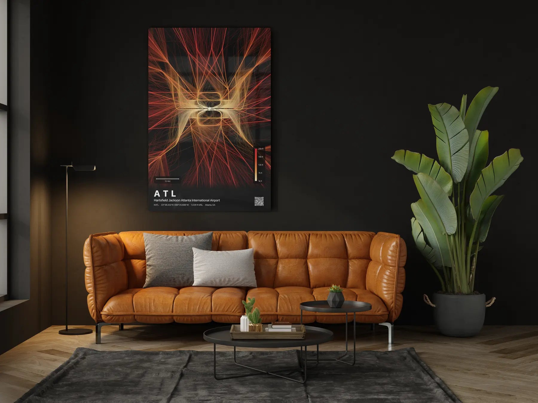 ATL flight path print — Inferno theme · Dark in living-room setting [hotspot:46]