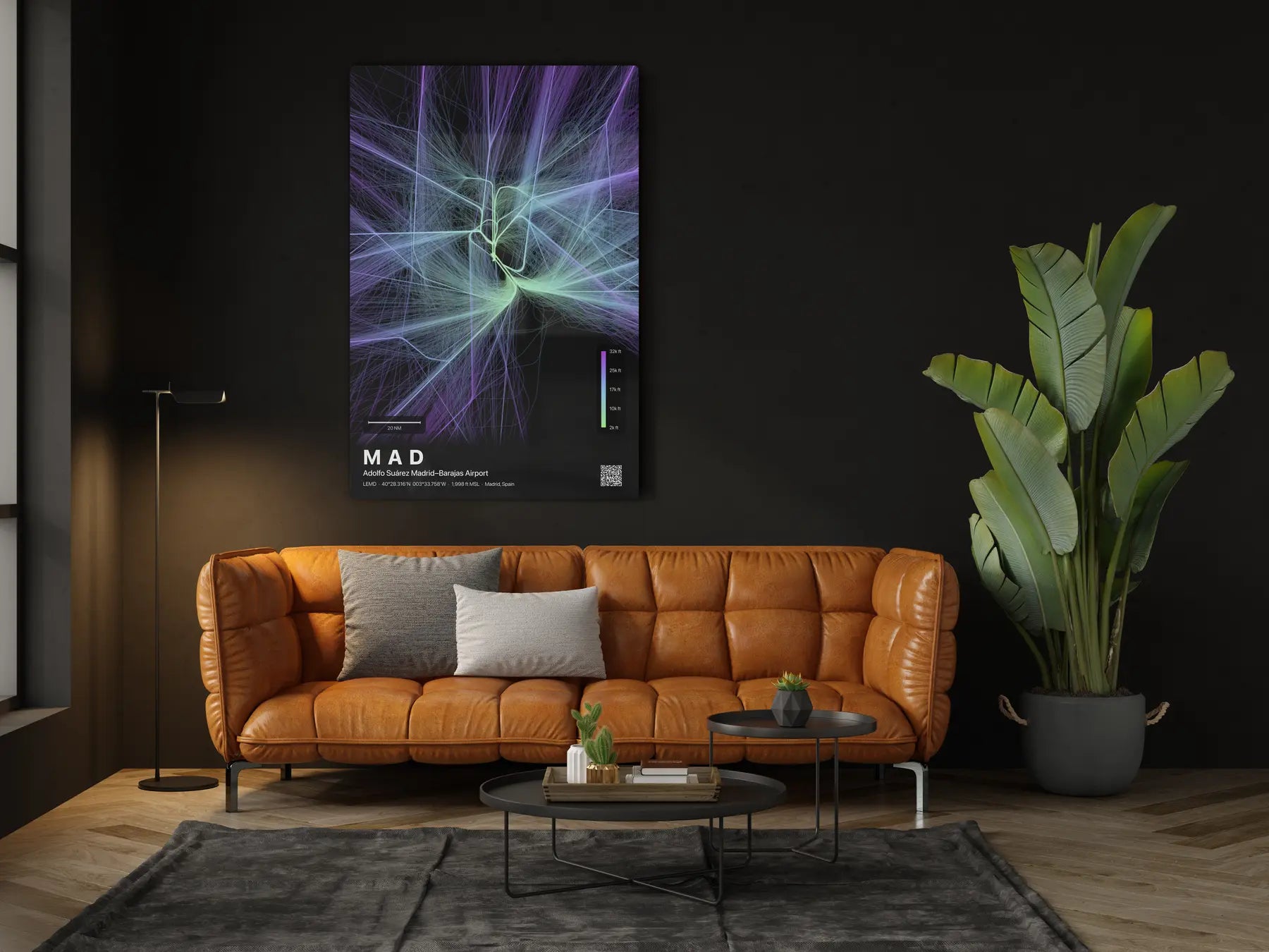 MAD flight path print — Prism theme · Dark in living-room setting [hotspot:46]