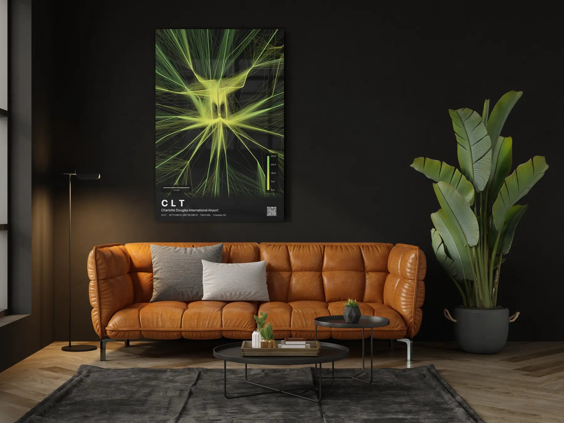 CLT flight path print — Citrus theme · Dark in living-room setting [hotspot:46]