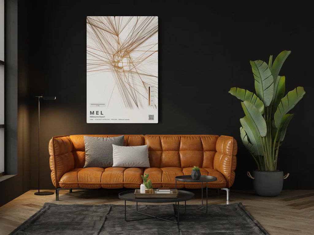 MEL flight path print — Solana theme · Light in living-room setting [hotspot:46]