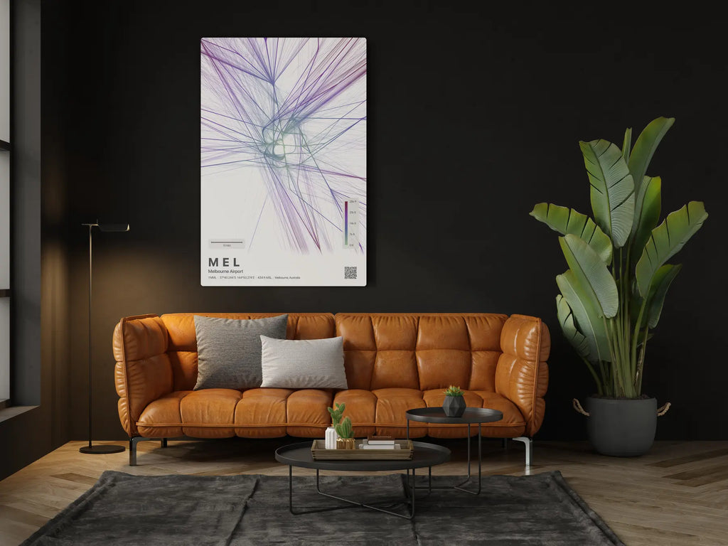 MEL flight path print — Prism theme · Light in living-room setting [hotspot:46]