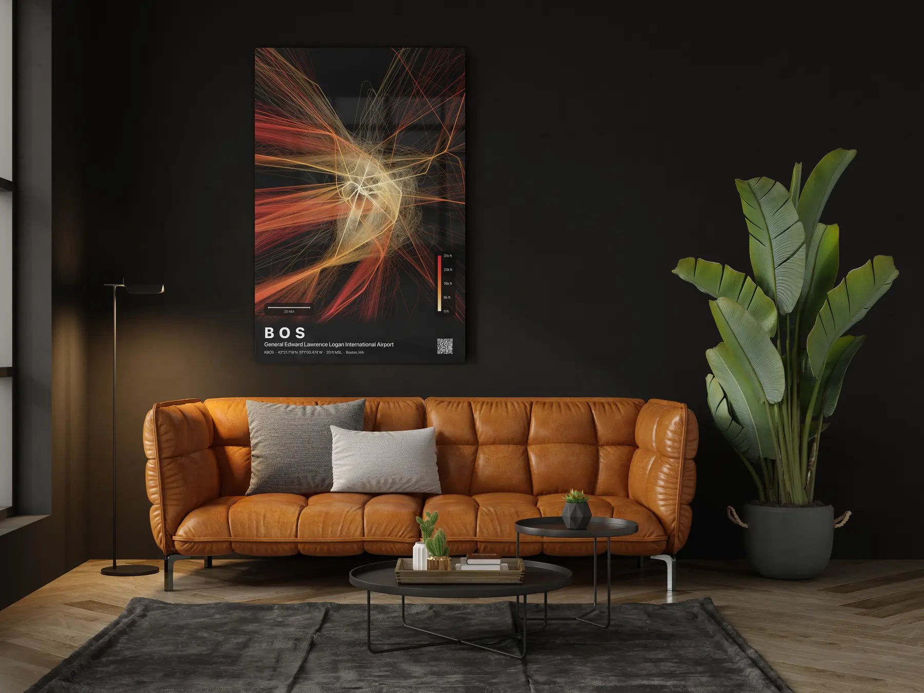 BOS flight path print — Inferno theme · Dark in living-room setting [hotspot:46]