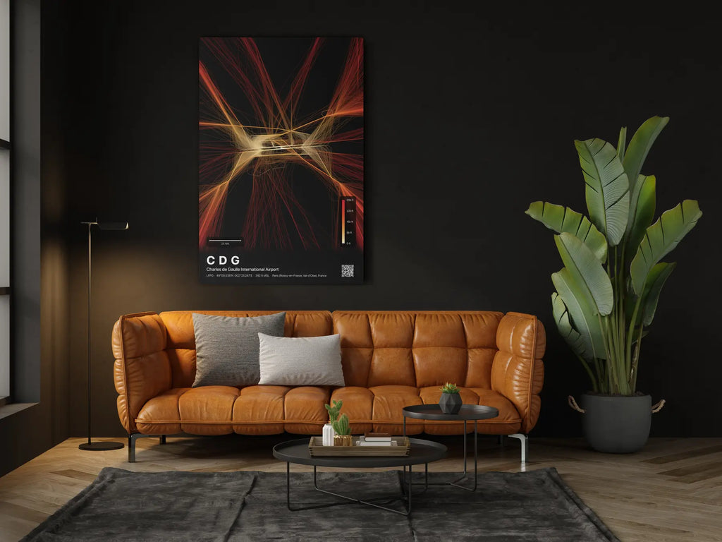 CDG flight path print — Inferno theme · Dark in living-room setting [hotspot:46]