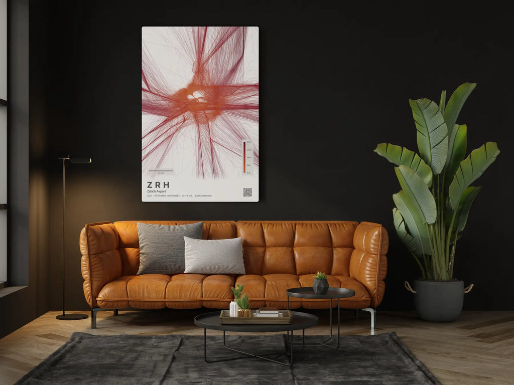 ZRH flight path print — Inferno theme · Light in living-room setting [hotspot:46]