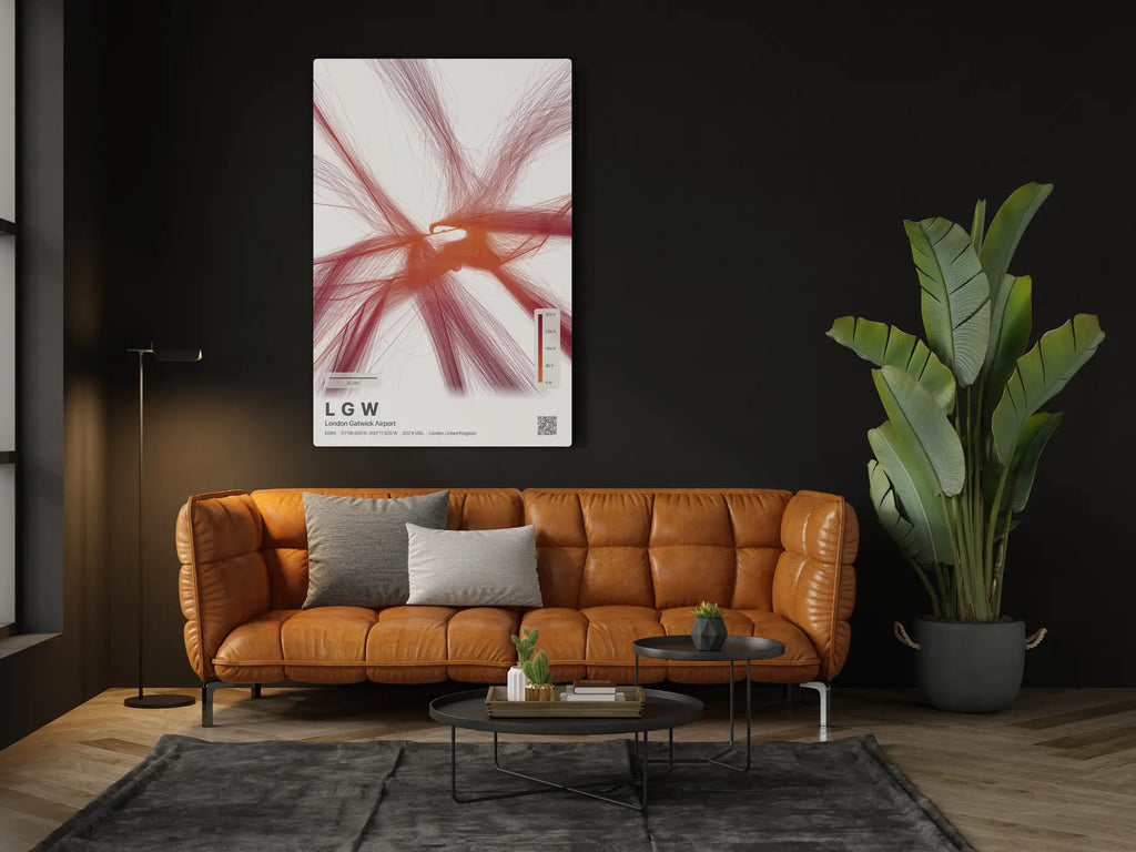 LGW flight path print — Inferno theme · Light in living-room setting [hotspot:46]